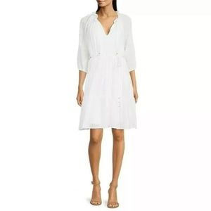 Calvin Klein White Gauze V-Neck 3/4 Sleeve Tiered Ruffle Hem Dress